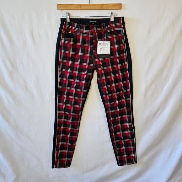 Desigual Red Plaid Front Mid Rise Ankle Skinny Jeans 29 - Picture 1 of 15